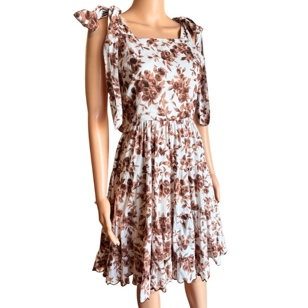 Mille Kiara Dress Small Brown Floral Tie Shoulder Tiered Ruffle Square Neck Boho - Picture 6 of 9